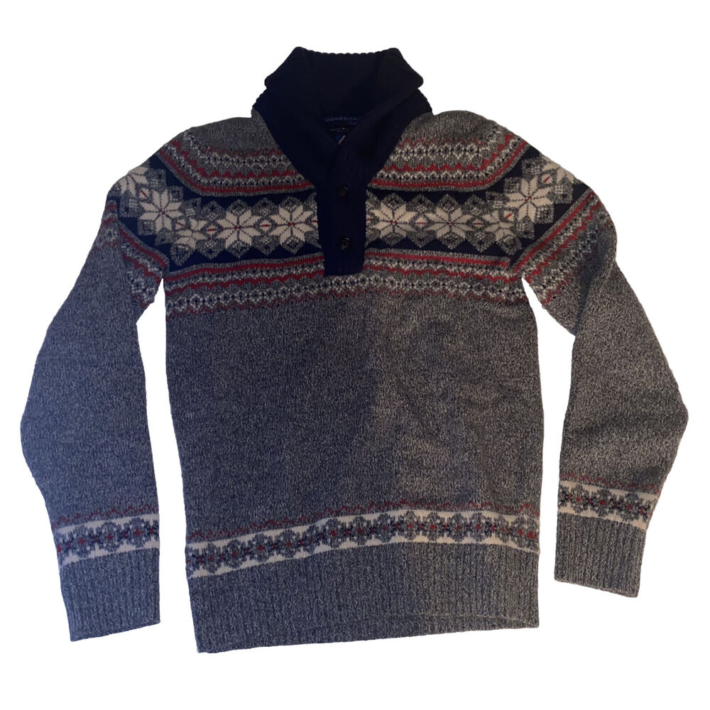 Tommy Hilfiger Navy Red Fair Isle Lambswool‎ 1/4 Sweater Button Men Size Small